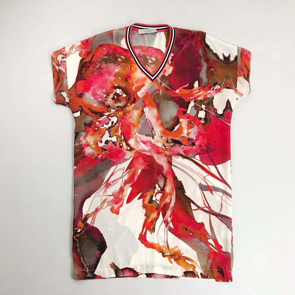 D. EXTERIOR Italian Watercolor Silk Tunic Dress Small V-Neck Bold Abstract Red